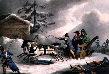 Bonaparten lento Kreivi Vicenzaksi naamioituna Venäjältä, julkaissut 1. maaliskuuta 1814 William Heath (akvatinta)