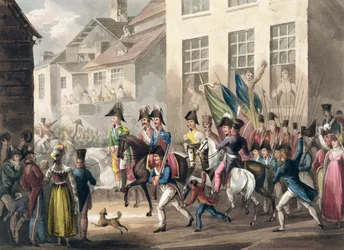 Liittoutuneiden pääsy Pariisiin, 31. maaliskuuta 1814, James Jenkinsin teoksesta The Martial Achievements of Great Britain and her Allies from 1799-1815, kaiverrus Thomas Sutherland (s. 1785), publi