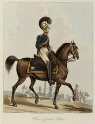 Hevoskaartin sininen, kuninkaallisen hevoskaartin rykmentin univormututkimus, 1820 (värillinen akvatintta).