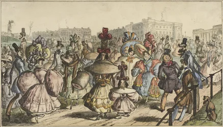 Miehet ja naiset näyttävässä asussa kävelevät puistossa kaupungissa Puisto - 1830 (otsikko esineessä)