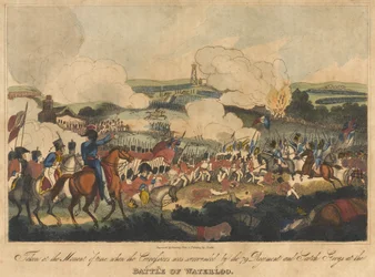 Otettu sillä hetkellä, kun 79 rykmentti ja skotlantilaiset harmaat piirittivät Cuirassiersin Waterloon taistelussa 18. kesäkuuta 1815, kaivertanut Romney ja julkaissut Richard Evans, 1816 (co.
