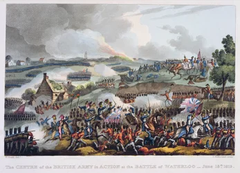 Brittiarmeijan keskus toiminnassa Waterloon taistelussa, 18. kesäkuuta 1815, James Jenkinsin teoksesta The Martial Achievements of Great Britain and her Allies from 1799-1815, kaiverrus Tho