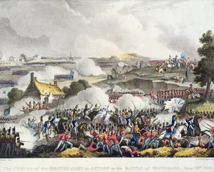 Brittiarmeijan keskus toiminnassa Waterloon taistelussa, 18. kesäkuuta 1815, kaiverrus Sutherland