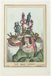 Nainen, jolla on iso hattu, jossa mieshahmot istuvat Beau Monde (otsikko esineessä)
