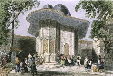 Suihkulähde Galatassa Istanbulissa, kaiverrus H. Griffiths, n. 1850 (akvatinta)