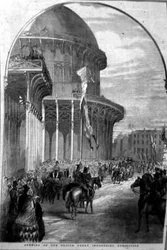 Vuoden 1853 suuren teollisuusnäyttelyn avajaiset Dublinissa, George Virtuen kirjasta "Scenery and Antiquities of Ireland".