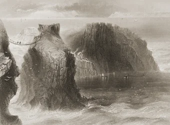 Carrick-a-Rede Rope Bridge, Antrimin kreivikunta, Pohjois-Irlanti, George Virtuen "Scenery and Antiquities of Ireland", 1860-luku