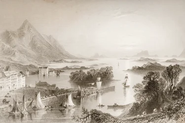 Clew Bay nähtynä Westportista Mayon kreivikunnasta George Virtuen "Scenery and Antiquities of Ireland" -elokuvasta, 1860-luku