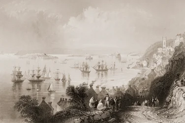 Cobh Harbour, Cork, Irlanti, George Virtuen teoksesta "Scenery and Antiquities of Ireland", 1860-luku