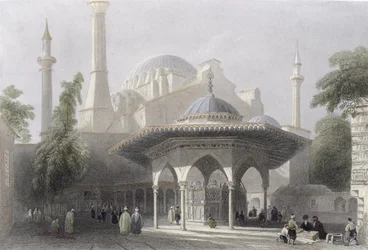 Pyhän Sofian hovi ja suihkulähde, Istanbul, kaiverrettu J. Redawayn toimesta, noin 1850 (akvatintta).