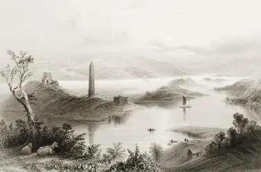 Devenish Island, Fermanaghin kreivikunta, Irlanti, George Virtuen teoksesta "Scenery and Antiquities of Ireland", 1860-luku