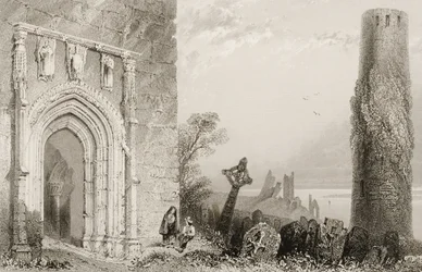 Ovi temppeliin, Clonmacnois, Offalyn kreivikunta, Irlanti, George Virtuen teoksesta "Scenery and Antiquities of Ireland", 1860-luku