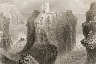 Dunseverickin linna, Antrimin kreivikunta, Pohjois-Irlanti, George Virtuen teoksesta "Irlannin maisemia ja muinaismuistoja", 1860-luku