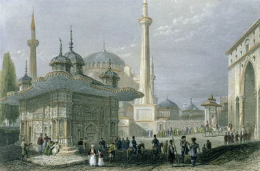 Pyhän Sofian suihkulähde ja aukio, Istanbul, kaivertaja T. Higham, noin 1850 (akvatintta).