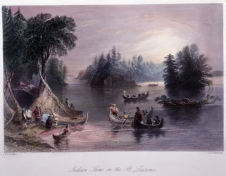Intiaanileiri Saint Laurentin rannalla - Bartlett W. H. kuvittamassa "" kanadalaisessa maisemassa.