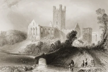 Jerpoint Abbey, Kilkennyn kreivikunta, Irlanti, George Virtuen teoksesta "Scenery and Antiquities of Ireland", 1860-luku