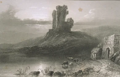 Kilcolmanin linna, Corkin kreivikunta, Irlanti, George Virtuen teoksesta "Scenery and Antiquities of Ireland", 1860-luku