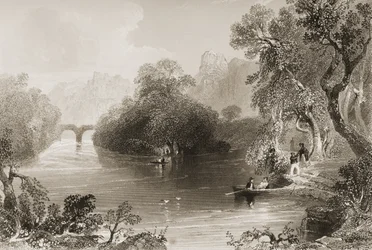 Killarney, Old Weir Bridge, Killarneyn kreivikunta, Irlanti, George Virtuen teoksesta "Scenery and Antiquities of Ireland", 1860-luku (kaiverrus)