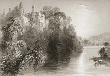 Lismoren linna, Lismore, Waterfordin kreivikunta, Irlanti, George Virtuen teoksesta "Scenery and Antiquities of Ireland", 1860-luku