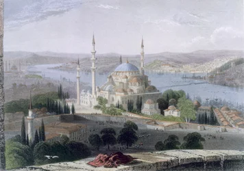 Moskeija ja Suleimanin hauta, n. 1850 (värillinen akvatinta)