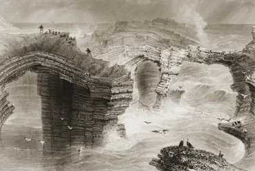 Natural Bridges lähellä Kilkeeä, Claren kreivikunnassa, Irlannissa, elokuvasta "Scenery and Antiquities of Ireland" on George Virtue, 1860-luku