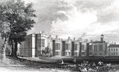 New Hall, lähellä Chelmsfordia, Essex, kaiverrettu William Watkinsin toimesta, noin 1832.