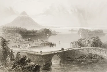 Pontoonisilta Lough Connissa, Mayon kreivikunnassa, Irlannissa, George Virtuen "Scenery and Antiquities of Ireland", 1860-luku