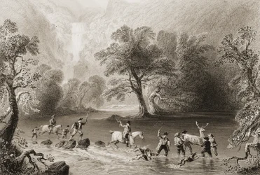 Hirvieläinten ottaminen lähellä Derrycunnihy Cascadea, Kerryn kreivikunta, Irlanti, George Virtuen "Scenery and Antiquities of Ireland", 1860-luku (kaiverrus)
