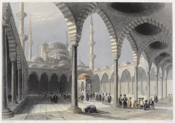 Sulttaani Achmetin moskeijan hovi, Istanbul, S. Fisherin kaiverrus, n. 1850 (akvatinta)