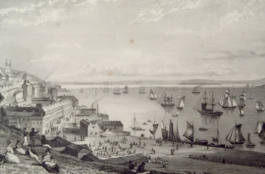 Näkymä Cobh Harbouriin Rostellaniin Corkin kreivikunnassa Irlannissa 1830-luvulla George Virtuen 1860-luvun teoksesta "Scenery and Antiquities of Ireland"