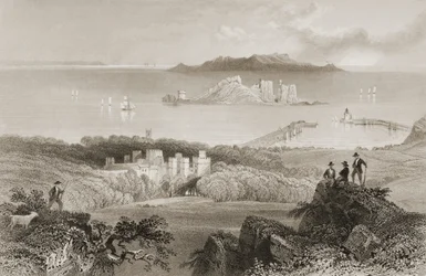 Näkymä Howthin linnasta, Dublinin kreivikunnasta, Irlannista, George Virtuen "Scenery and Antiquities of Ireland", 1860-luku