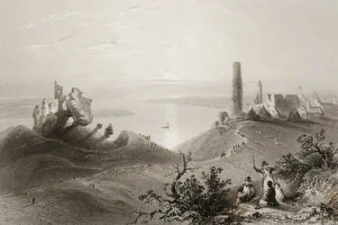 Näkymä "Seitsemästä Clonmacnoisin kirkosta", Offalyn kreivikunnassa, Irlannissa, George Virtuen "Scenery and Antiquities in Ireland" -teoksesta, 1860-luku