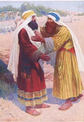 Jaakobin ja Eesau tapaaminen, Thomas Nelsonin julkaisemasta Raamatun kuvakirjasta (The Bible Picture Book), n. 1950.