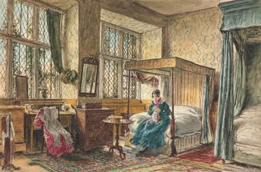 Miss Moore ompelemassa makuuhuoneessaan, Hardwick Hall, Derbyshire