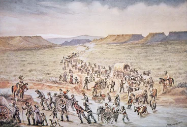 Mormonien käsikärryjen pioneerit matkalla länteen Utahiin vuonna 1850 (värilitho)