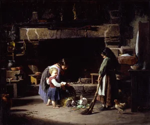 Maatilan sisustus: Bretonilapsia ruokkimassa kaneja, 1878.