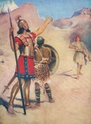 Daavid ja Goljat, Thomas Nelsonin julkaisemasta Raamatun kuvakirjasta (The Bible Picture Book), n. 1950.