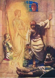 Pietari vapautetaan vankilasta, Thomas Nelsonin julkaisemasta Raamatun kuvakirjasta (The Bible Picture Book), n. 1950.
