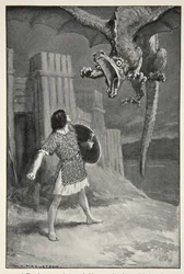 Lohikäärme upposi häntä kohti ja avasi kauhistuttavat leukansa, M.I.:n "Hero Myths and Legends of the British Race" -sarjasta. Ebbutt, 1910