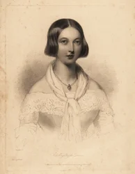 Nuori kuningatar Victoria, 20-luvun alussa. Teräspistekaiverrus William Henry Mote William Drummondin kuvituksen jälkeen Charles Heathin teoksesta English Pearls tai muotokuvat budoaarille, Tilt and Boguelle, Lontoo