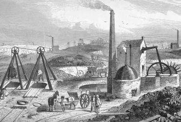 Staffordshire Colliery julkaisusta "Cyclopaedia of Useful Arts und Manufactures", toimittanut Charles Tomlinson, noin 1880-luku