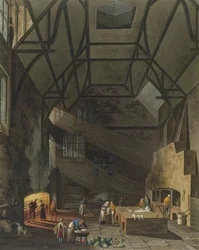 Interior of the Kitchen, Trinity College, Cambridge, The History of Cambridge, kaiverrettu Joseph Constantine Stadler (fl.1780-1812), pub. R. Ackermann, 1815 (väriakvatinta)