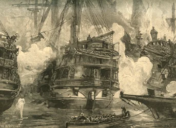 Navarinon taistelu: HMS Asia osallistuu Capitan Beyn ja Moharram Beyn aluksiin, 1827 c1890.