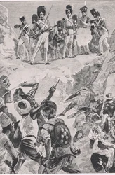 Carmichaelin seuraajat ampuivat salamaniskun tiheään miesjoukkoon: Bharatpurin taistelu 1826, kuvitus teoksesta British Battles on Land and Sea , 1915.