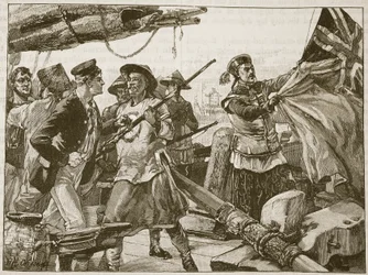 Kiinalaiset upseerit laskemassa Britannian lippua Arrow-aluksella 8. lokakuuta 1856, kuvitus teoksesta "Cassell