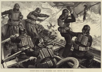 Pelastusvenepalvelu Lincolnshiren rannikolla, heittämällä käsirakettia