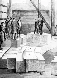 Uusi Eddystonen majakka: The Stone-Cutting Establishment at Oreston, kuvitus The Illustrated London Newsista, 1879