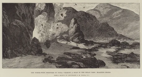 Intian luoteisraja, joka tekee tien Bolanin solaan, räjäyttäen kiviä