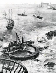 Walesin prinssi ja Edinburghin herttua laskemassa uuden Eddystonen majakan peruskiveä, kuvitus The Illustrated London Newsista, 1879