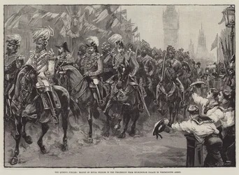 Kuningattaren juhlapäivä, kuninkaallisten prinssien saattaja kulkueessa Buckinghamin palatsista Westminster Abbeyyn